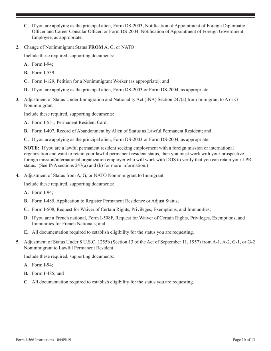 Instructions for USCIS Form I-566 Interagency Record of Request - a, G, or NATO Dependent Employment Authorization or Change / Adjustment to / From a, G, or NATO Status, Page 10