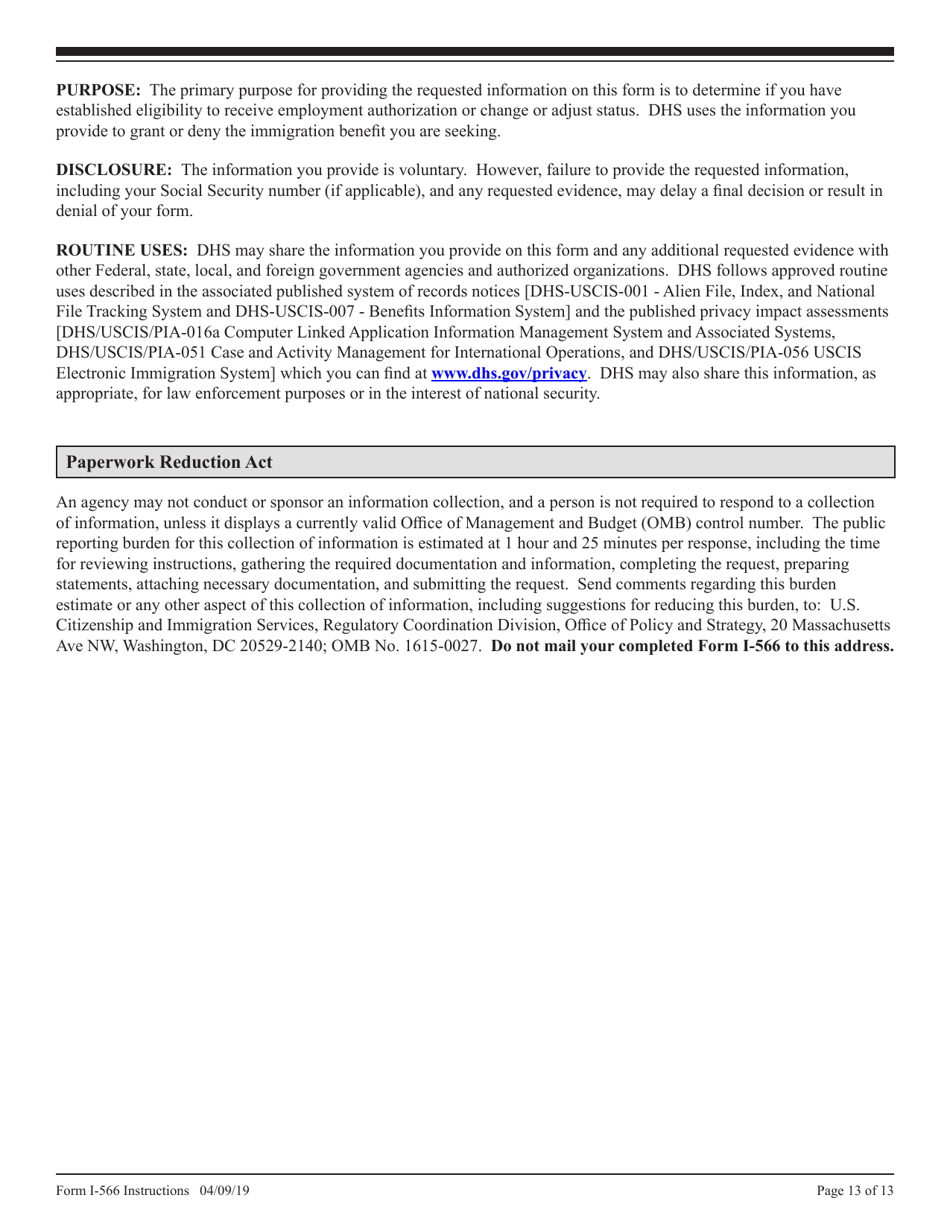 Instructions for USCIS Form I-566 Interagency Record of Request - a, G, or NATO Dependent Employment Authorization or Change / Adjustment to / From a, G, or NATO Status, Page 13