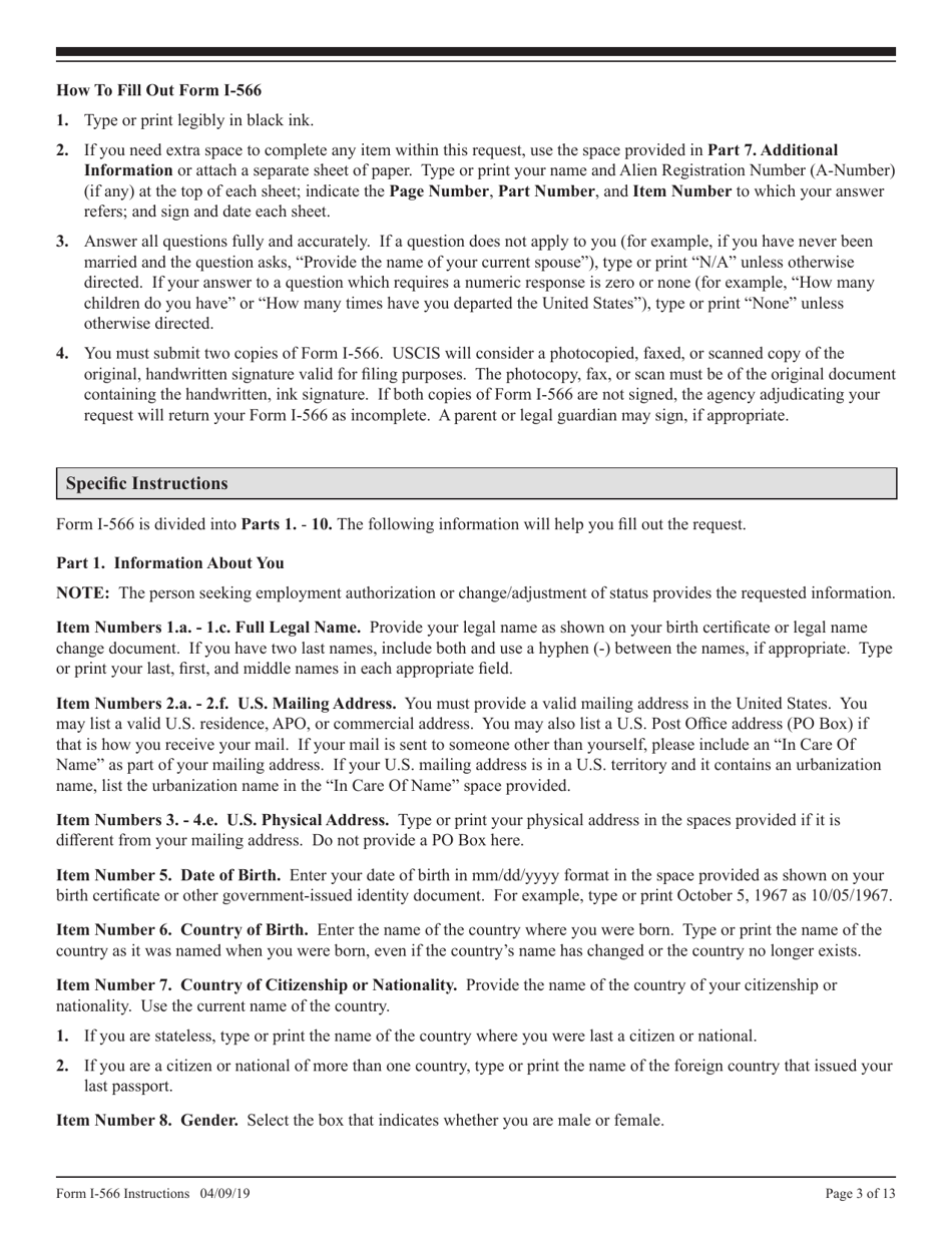 Instructions for USCIS Form I-566 Interagency Record of Request - a, G, or NATO Dependent Employment Authorization or Change / Adjustment to / From a, G, or NATO Status, Page 3
