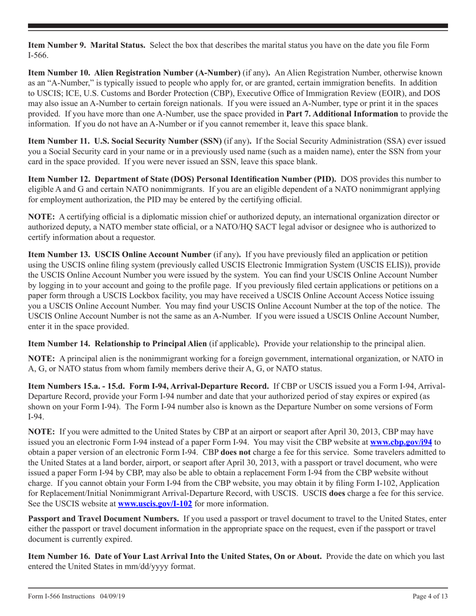 Instructions for USCIS Form I-566 Interagency Record of Request - a, G, or NATO Dependent Employment Authorization or Change / Adjustment to / From a, G, or NATO Status, Page 4