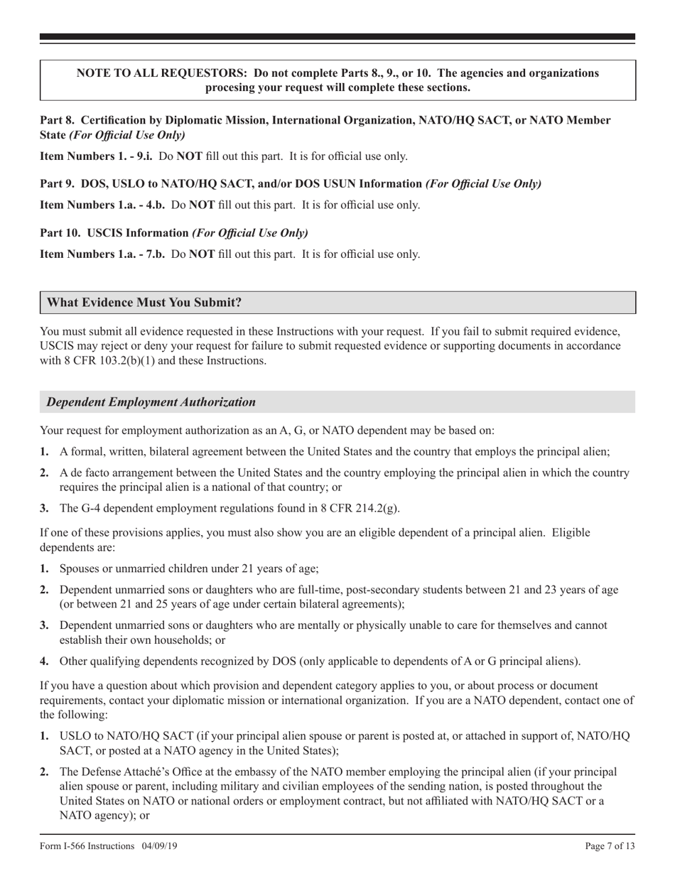 Instructions for USCIS Form I-566 Interagency Record of Request - a, G, or NATO Dependent Employment Authorization or Change / Adjustment to / From a, G, or NATO Status, Page 7