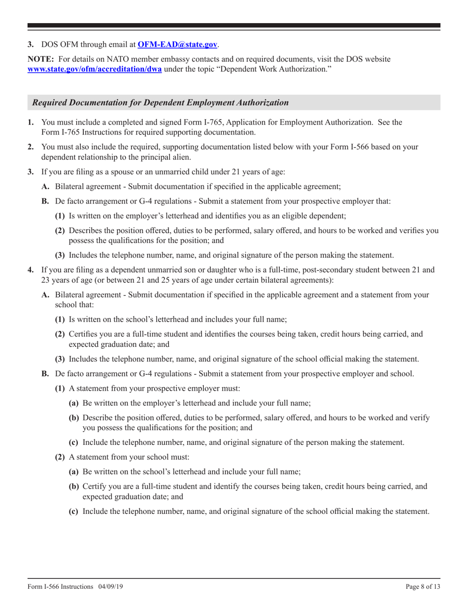 Instructions for USCIS Form I-566 Interagency Record of Request - a, G, or NATO Dependent Employment Authorization or Change / Adjustment to / From a, G, or NATO Status, Page 8