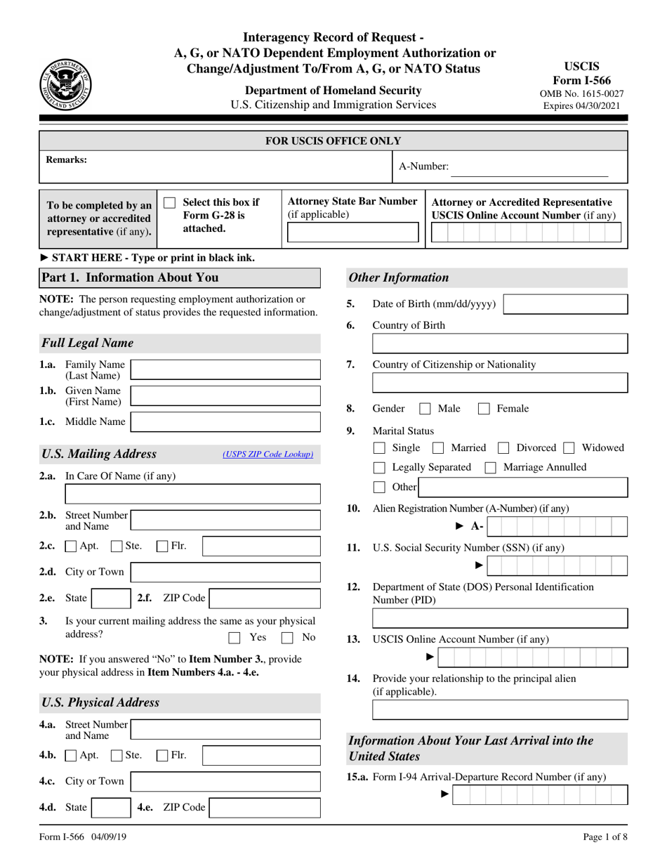 USCIS Form I-566 Interagency Record of Request - a,g, or NATO Dependent Employment Authorization or Change / Adjustment to / From a,g, or NATO Status, Page 1