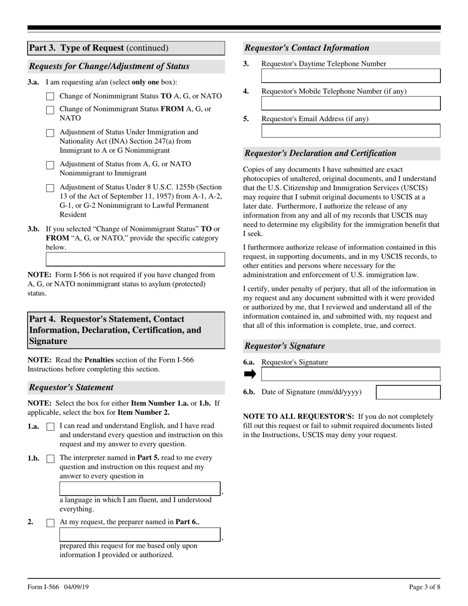 USCIS Form I-566 Interagency Record of Request - a,g, or NATO Dependent Employment Authorization or Change / Adjustment to / From a,g, or NATO Status, Page 3