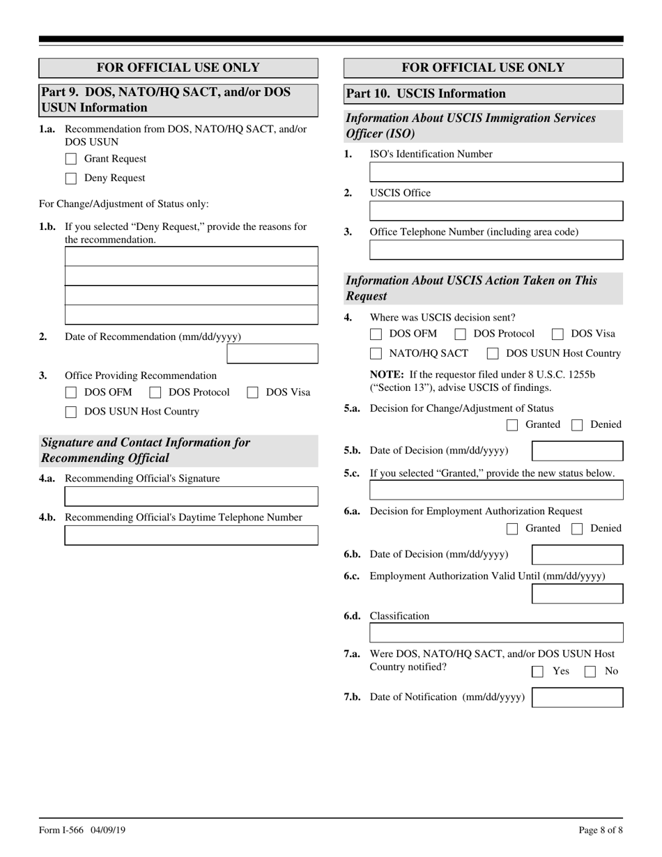 USCIS Form I-566 Interagency Record of Request - a,g, or NATO Dependent Employment Authorization or Change / Adjustment to / From a,g, or NATO Status, Page 8