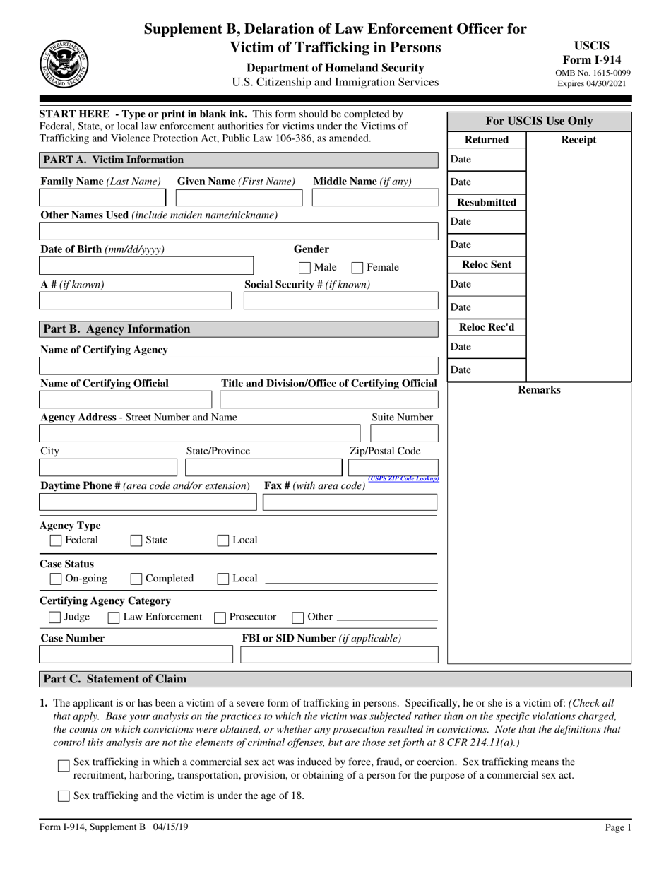 USCIS Form I-914 Supplement B Declaration of Law Enforcement Officer for Victim of Trafficking in Persons, Page 1