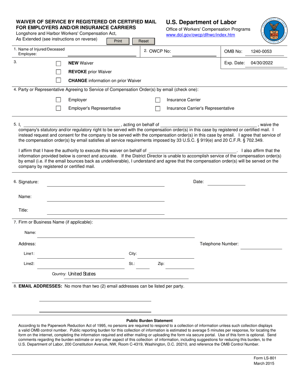 Form LS-801 Waiver of Service by Registered or Certified Mail for Employers and / or Insurance Carriers, Page 1
