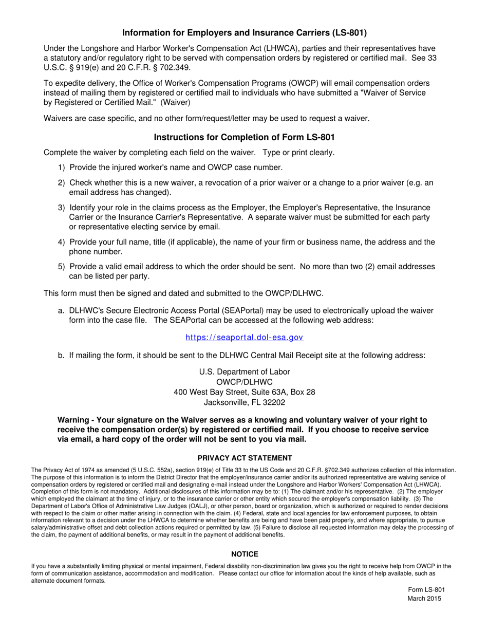 Form LS-801 Waiver of Service by Registered or Certified Mail for Employers and / or Insurance Carriers, Page 2