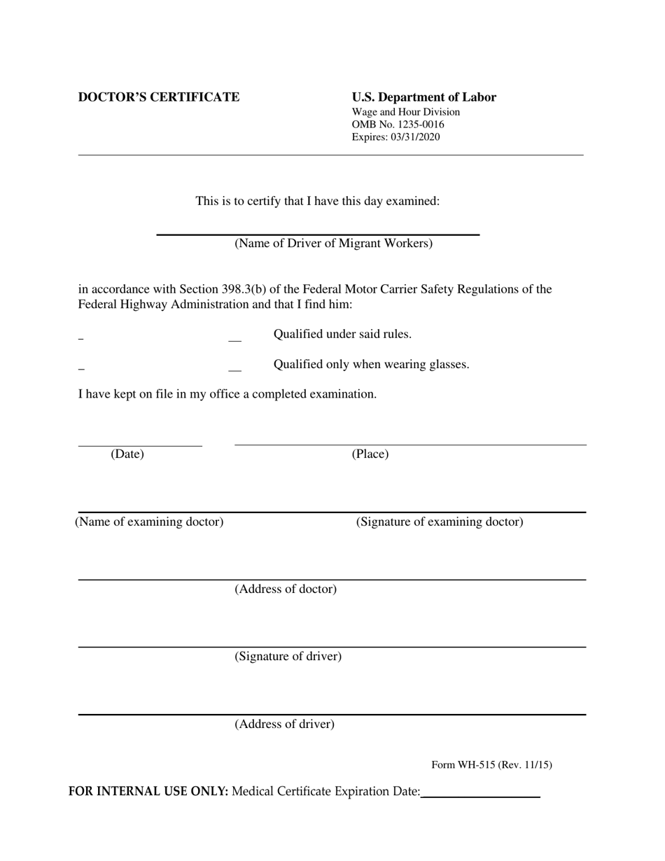 Form WH-515 Doctors Certificate, Page 1