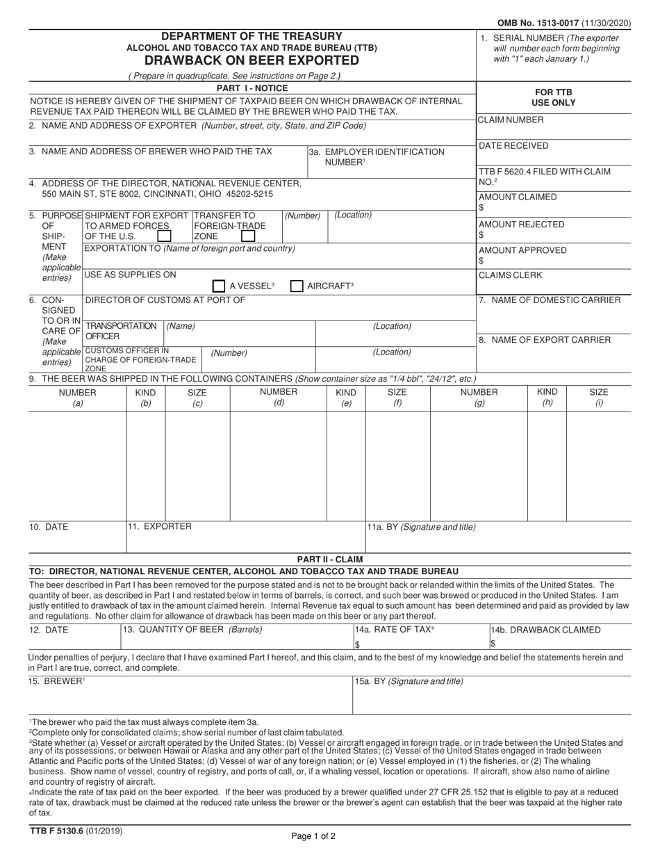 TTB Form 5130.6 Drawback on Beer Exported, Page 1
