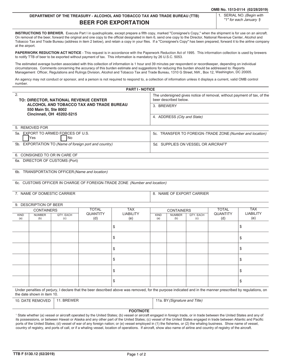 TTB Form 5130.12 Beer for Exportation, Page 1