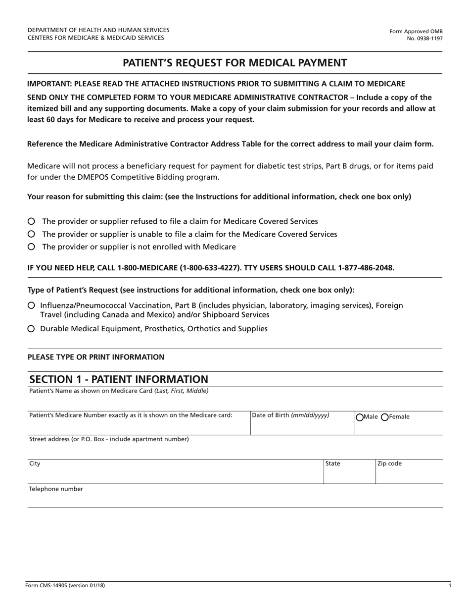 Form CMS-1490S Patients Request for Medical Payment, Page 1
