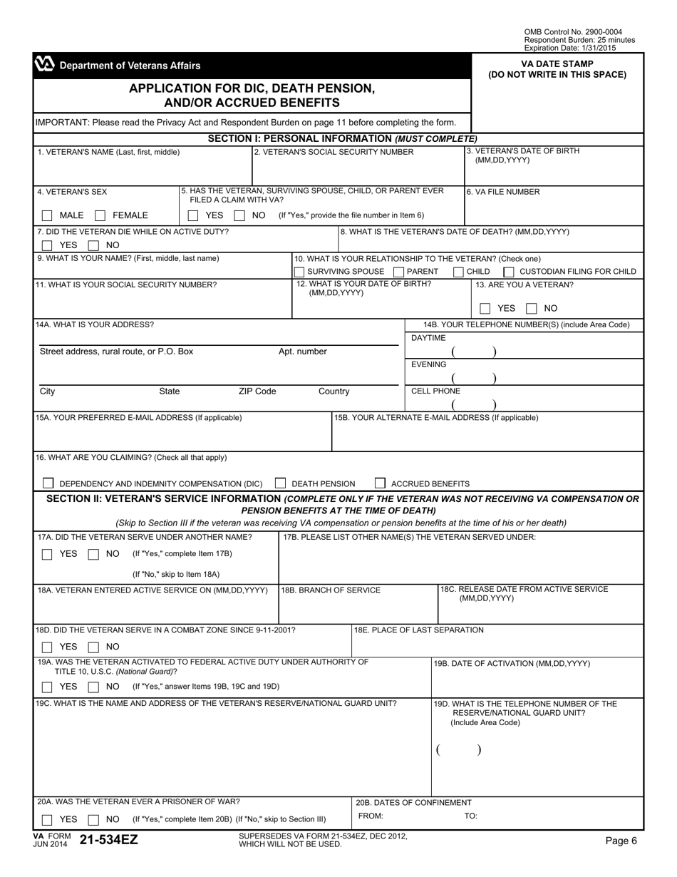 VA Form 21-534EZ - Fill Out, Sign Online and Download Fillable PDF ...