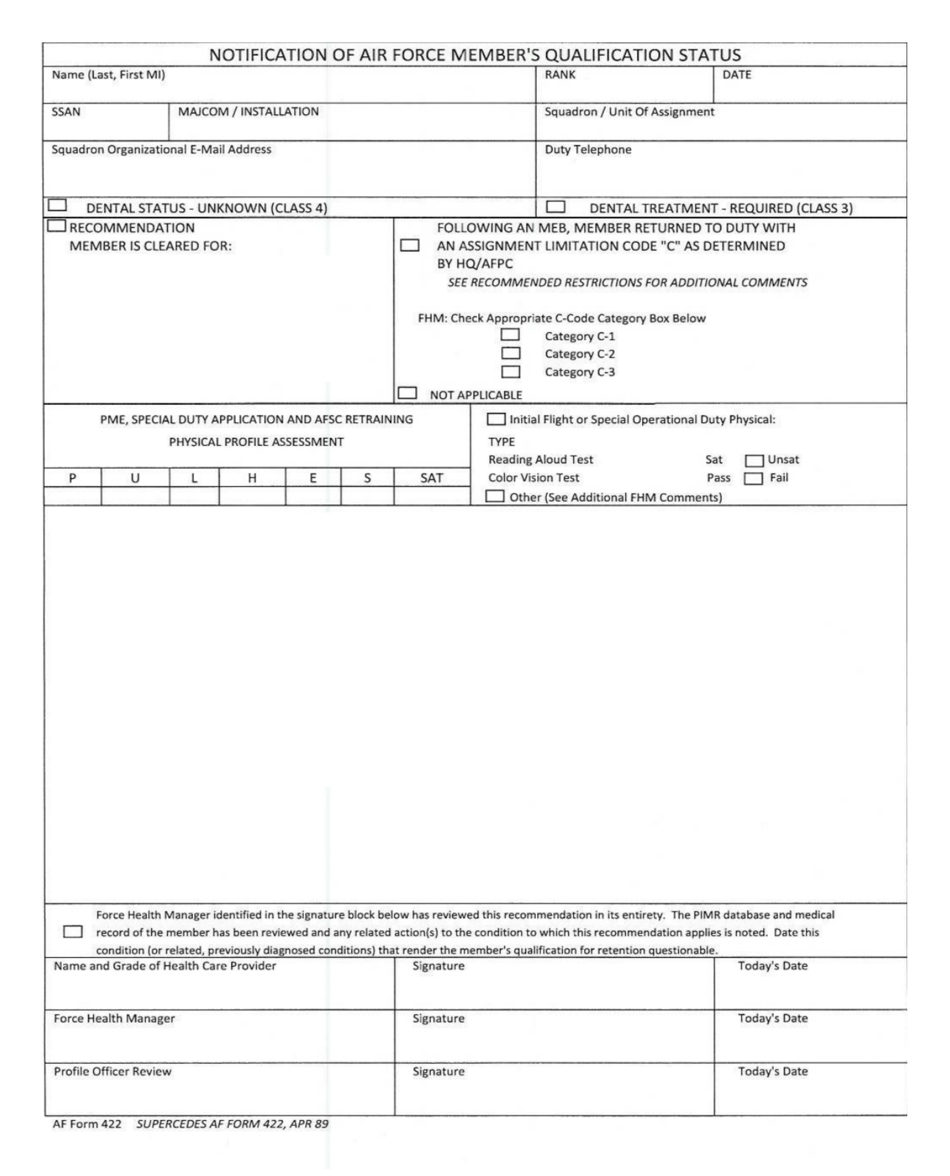 AF Form 422 Notification of Air Force Member's Qualification Status, Page 1