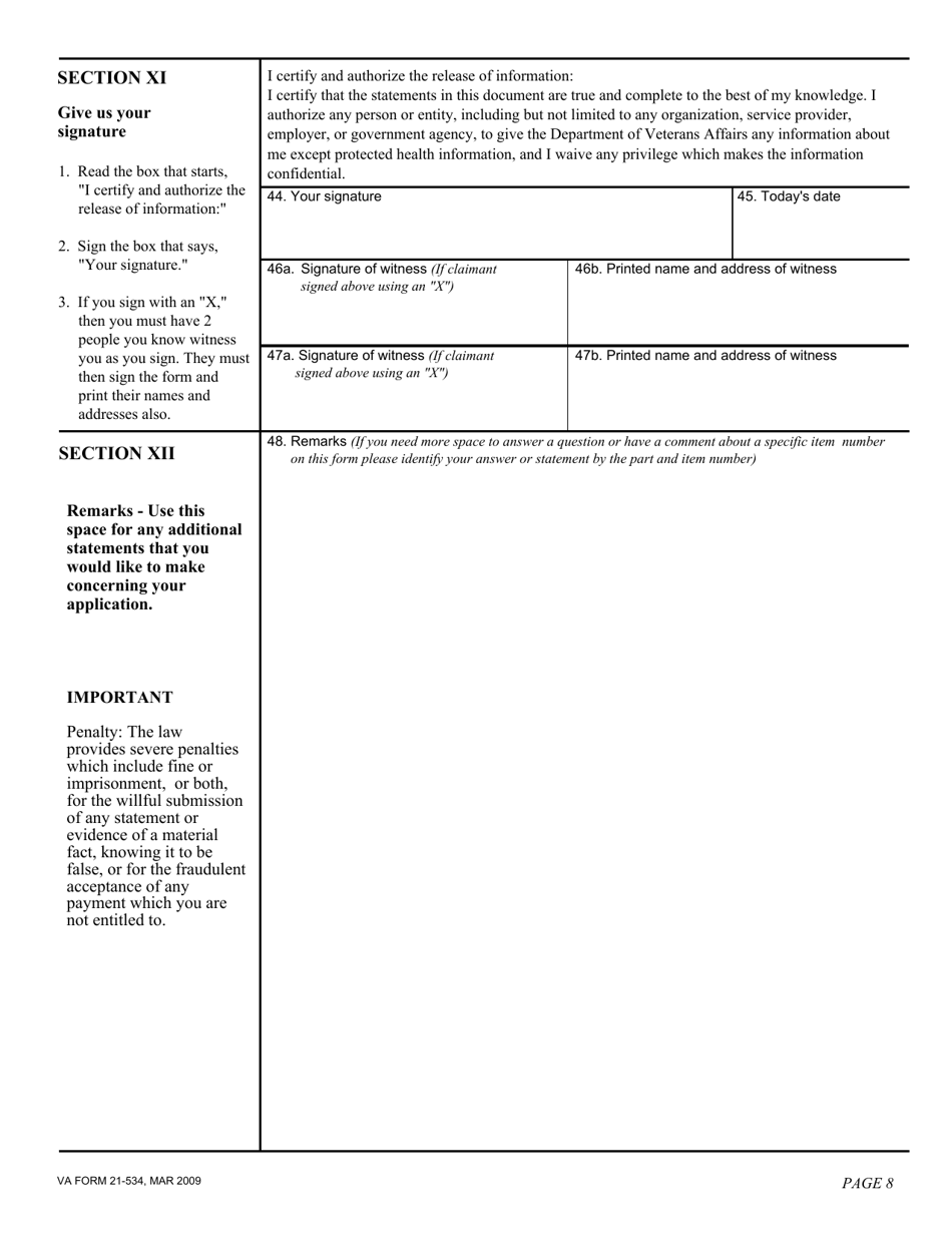 VA Form 21-534 Application for Dependency and Indemnity Compensation, Death Pension and Accrued Benefits by a Surviving Spouse or Child (Including Death Compensation if Applicable), Page 10