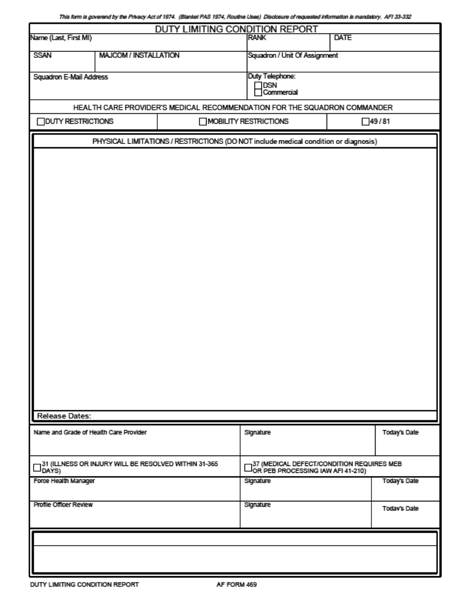 AF Form 469 Duty Limiting Condition Report, Page 1