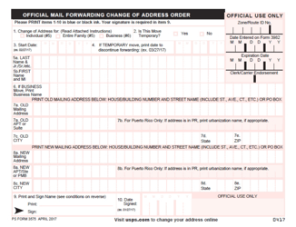 PS Form 3575 &quot;Official Mail Forwarding Change of Address Order&quot;