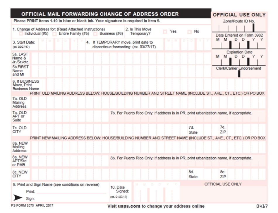 PS Form 3575 Official Mail Forwarding Change of Address Order, Page 1