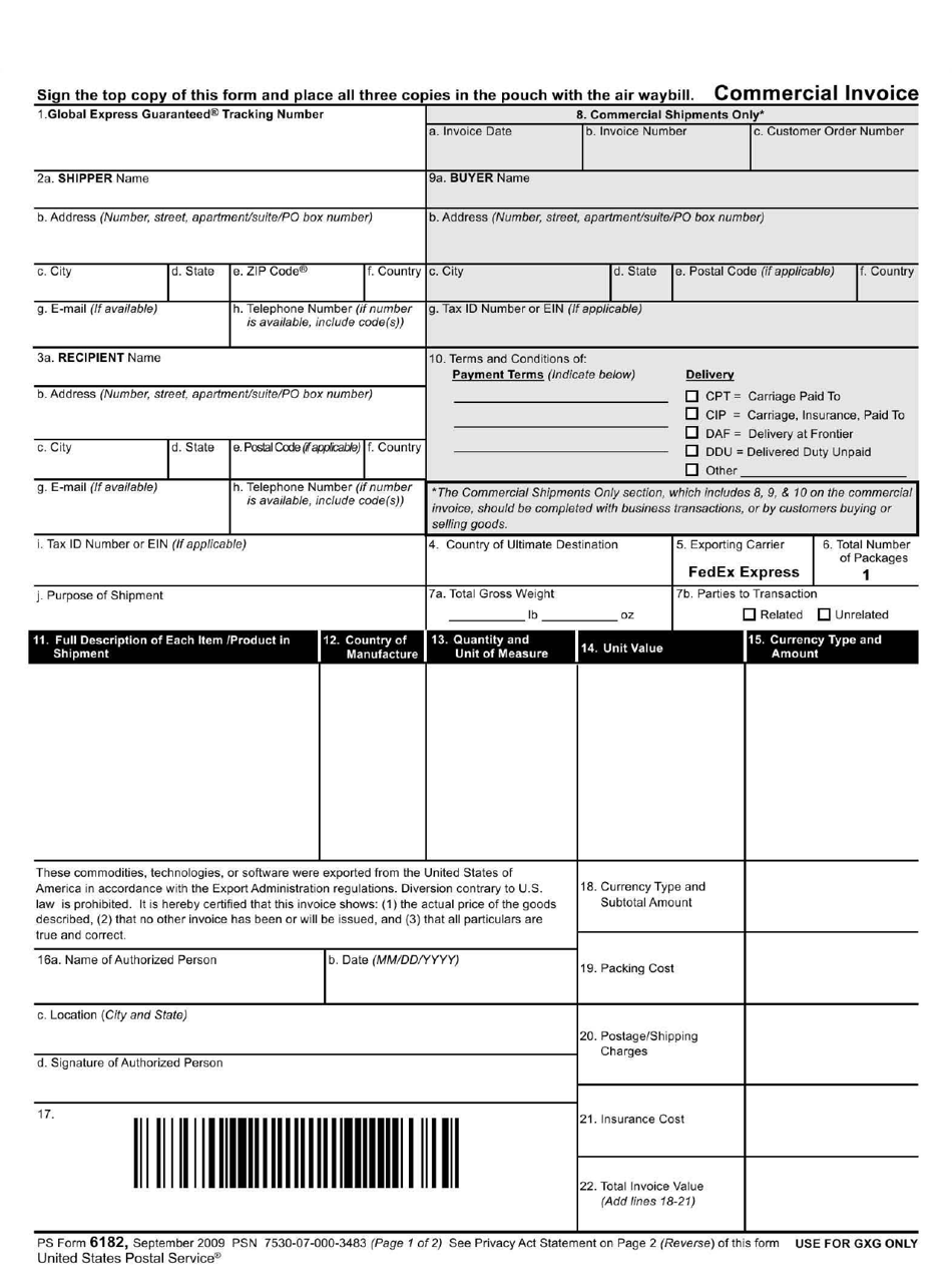 PS Form 6182 Commercial Invoice, Page 1