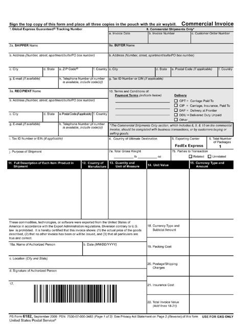 PS Form 6182 Commercial Invoice