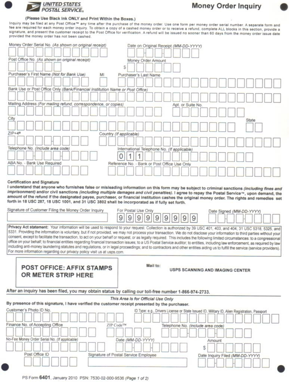 Ps Form 6401 Download Printable Pdf Or Fill Online Money Order Inquiry Templateroller