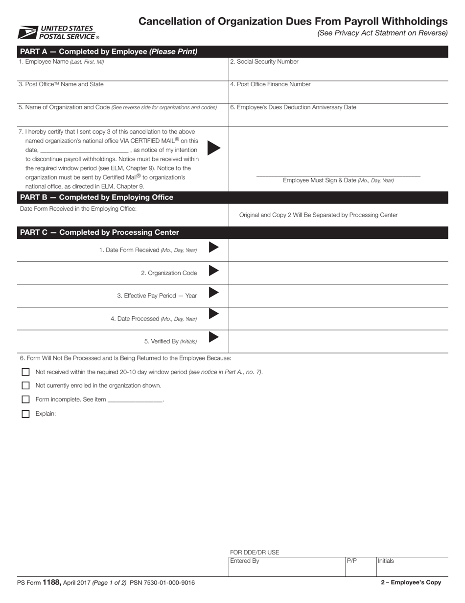 PS Form 1188 Cancellation of Organization Dues From Payroll Withholdings, Page 3