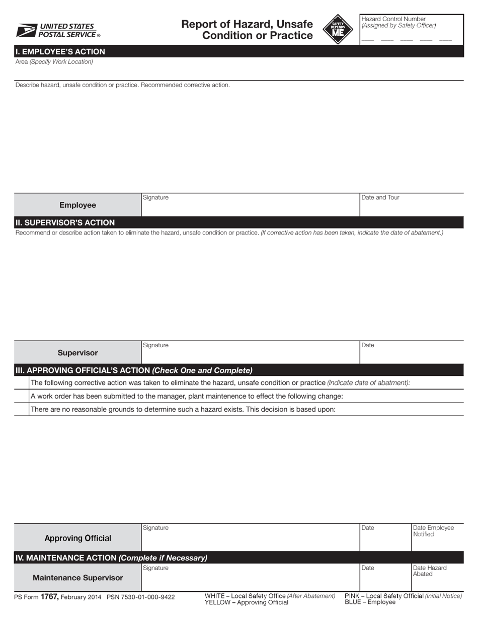 PS Form 1767 Report of Hazard, Unsafe Condition or Practice, Page 1