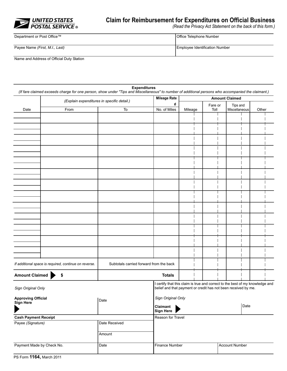 PS Form 1164 Download Printable PDF or Fill Online Claim for
