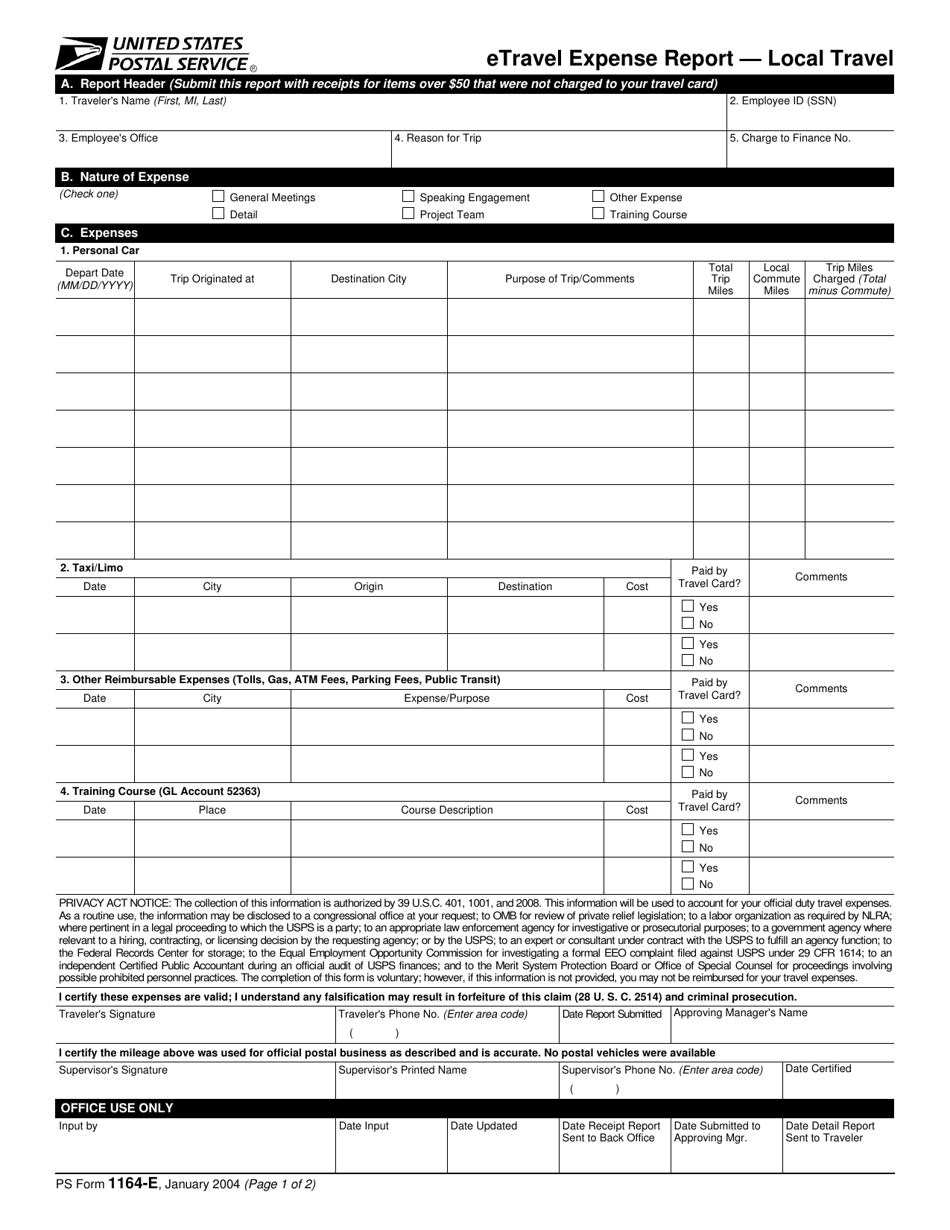 PS Form 1164-E Etravel Expense Report - Local Travel, Page 1