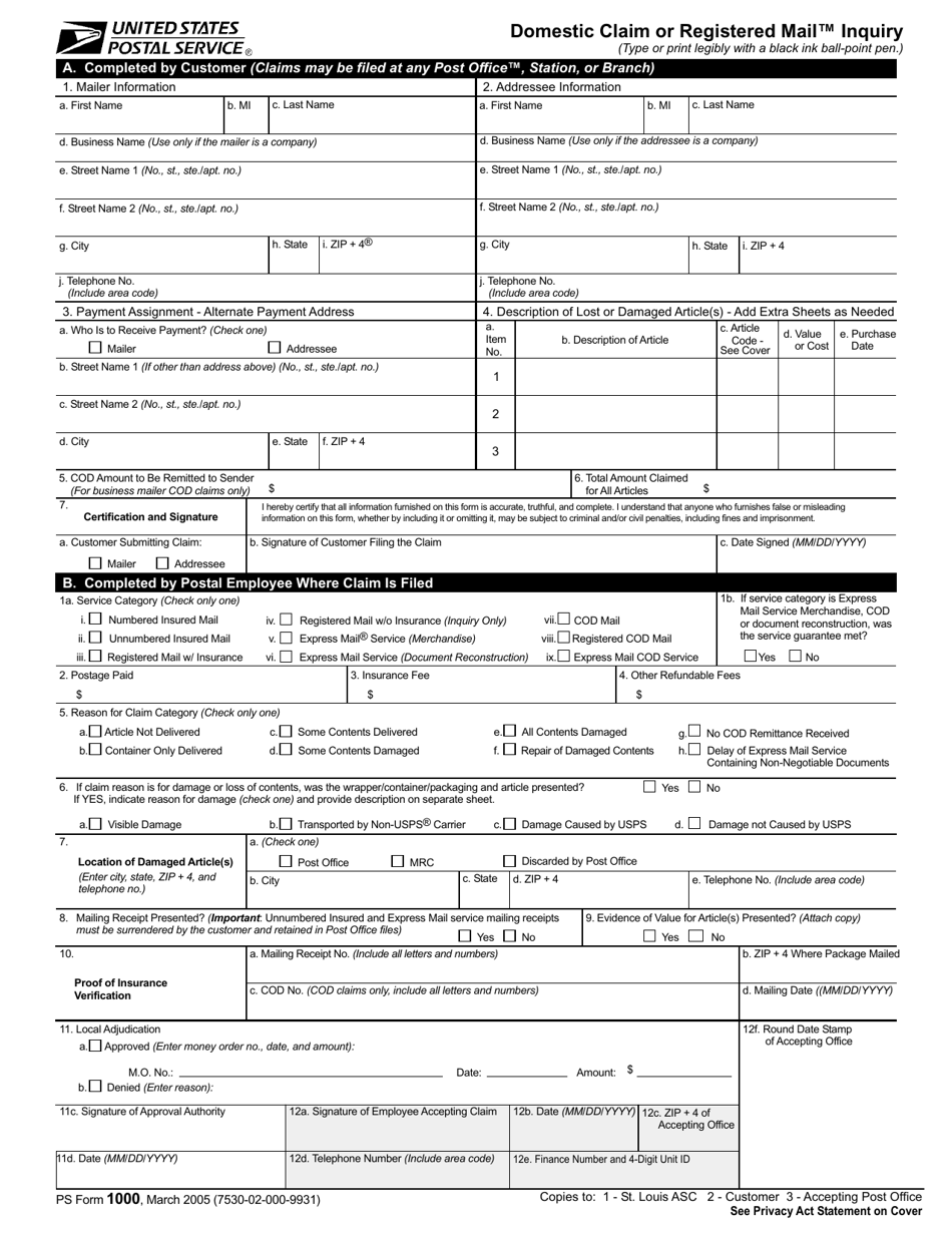 PS Form 1000 - Fill Out, Sign Online and Download Printable PDF