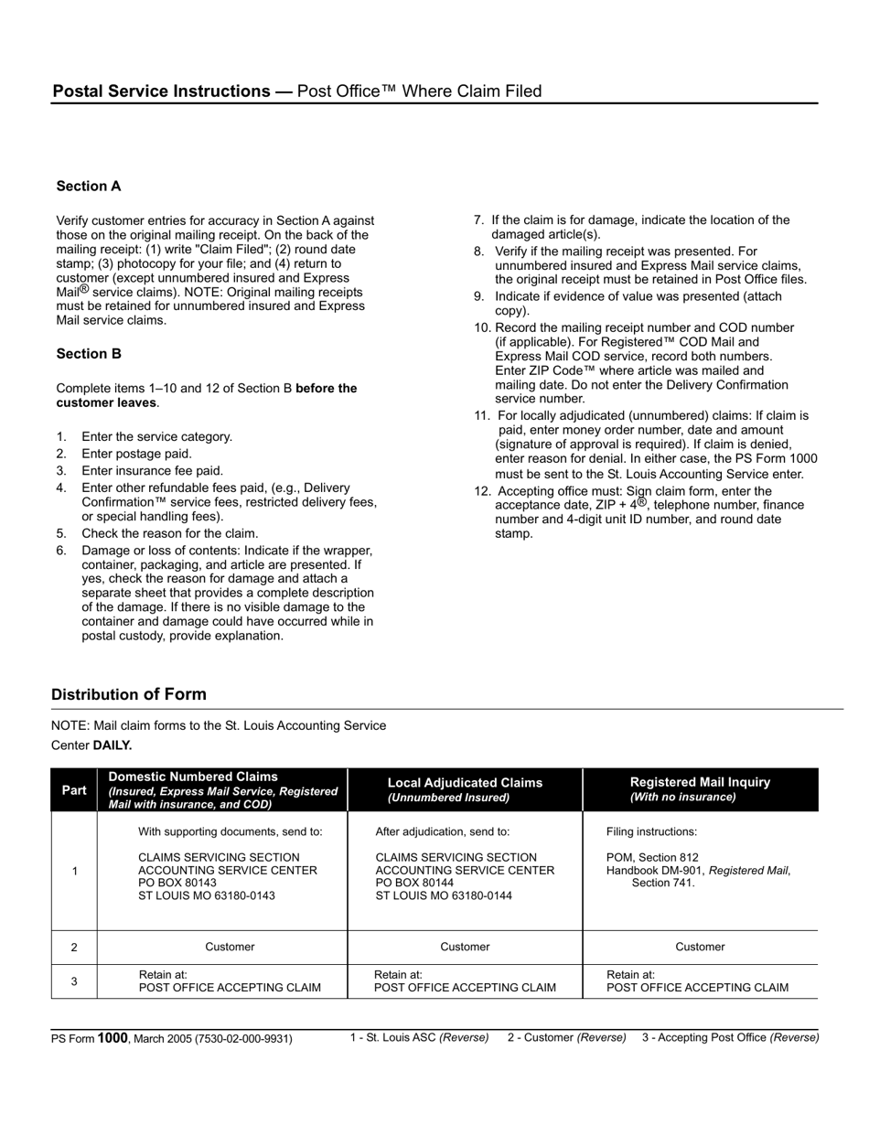 PS Form 1000 Domestic Claim or Registered Mail Inquiry, Page 3