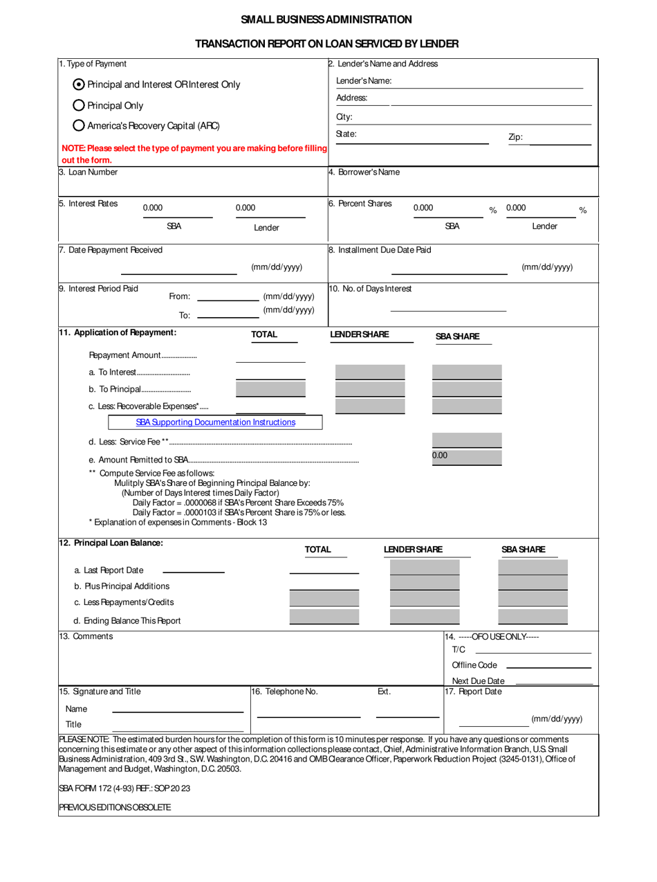 SBA Form 172 Transaction Report on Loan Serviced by Lender, Page 1