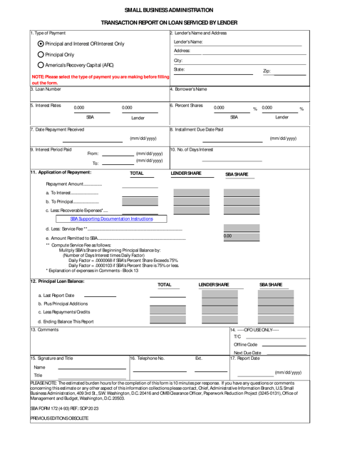SBA Form 172 Transaction Report on Loan Serviced by Lender