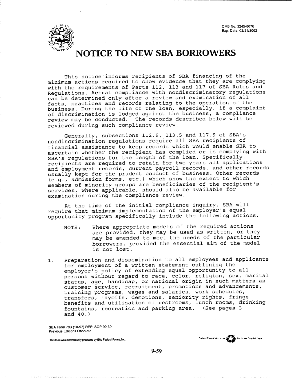 SBA Form 793 Notice to New SBA Borrowers, Page 1