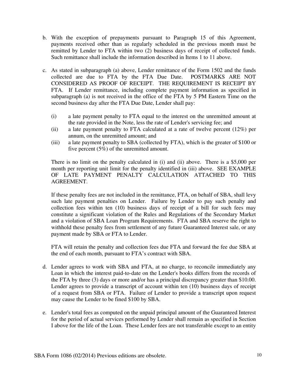 SBA Form 1086 Secondary Participation Guaranty Agreement, Page 10