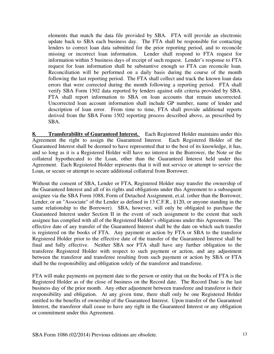 SBA Form 1086 Secondary Participation Guaranty Agreement, Page 13