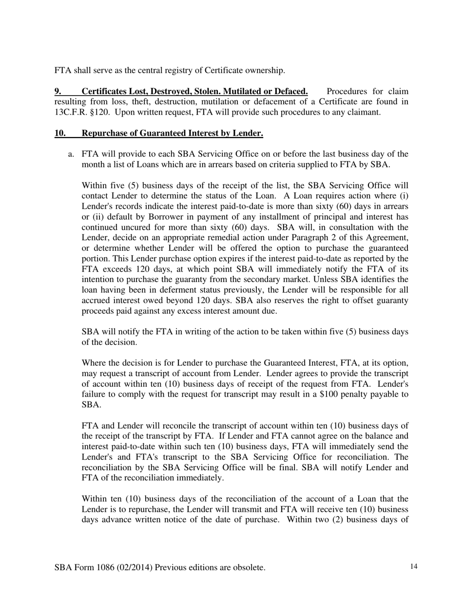 SBA Form 1086 Secondary Participation Guaranty Agreement, Page 14