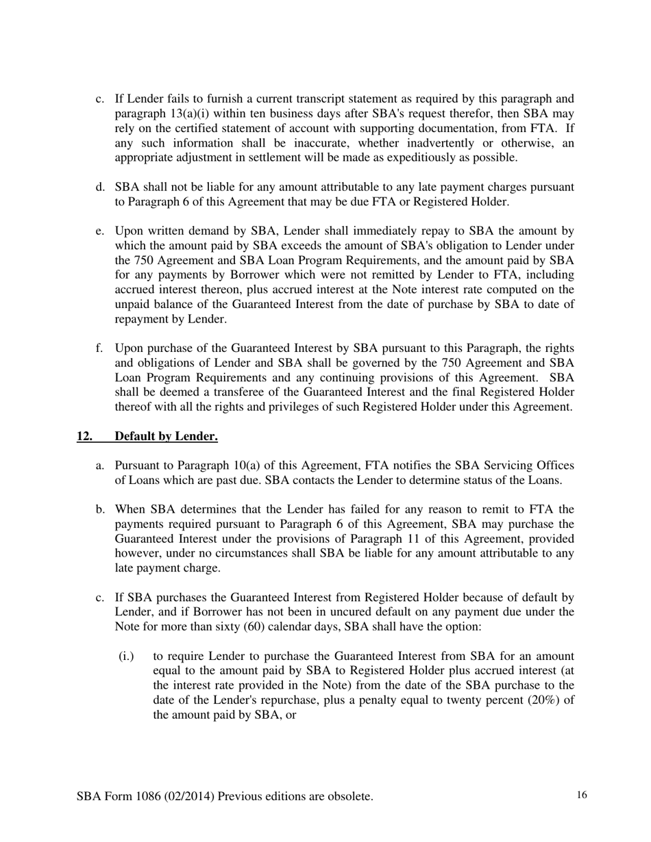 SBA Form 1086 Secondary Participation Guaranty Agreement, Page 16