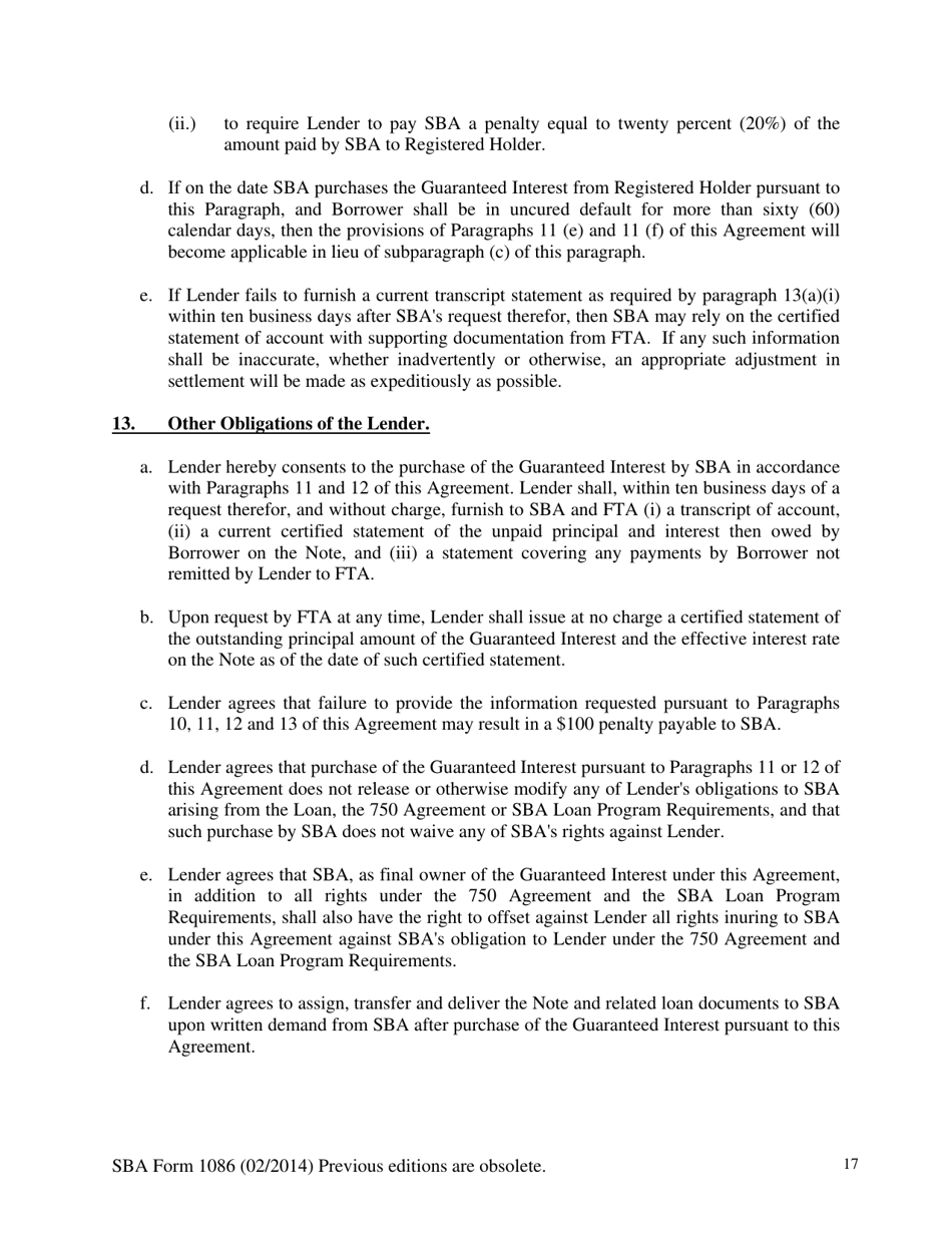 SBA Form 1086 Secondary Participation Guaranty Agreement, Page 17