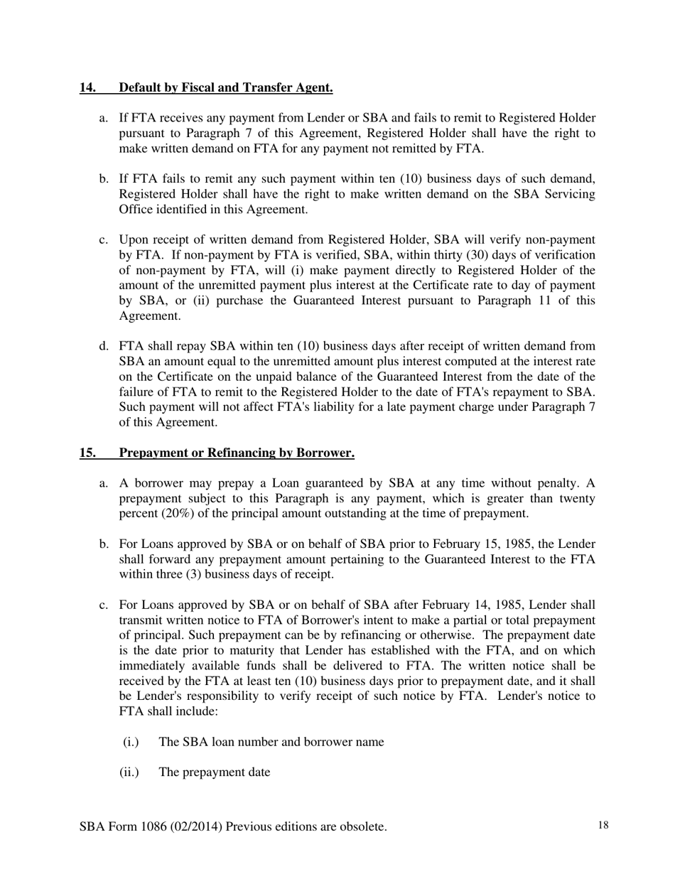 SBA Form 1086 Secondary Participation Guaranty Agreement, Page 18