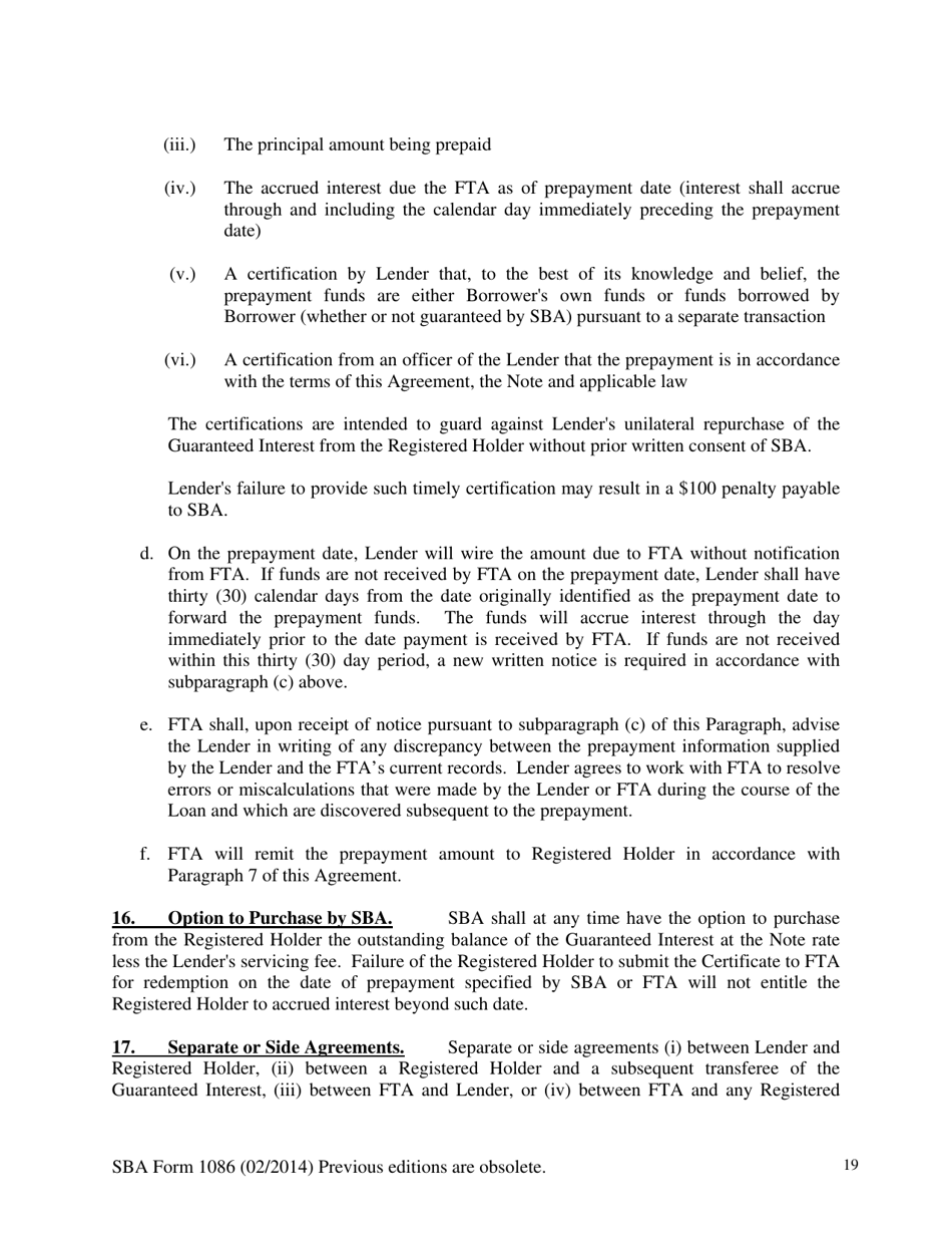 SBA Form 1086 Secondary Participation Guaranty Agreement, Page 19