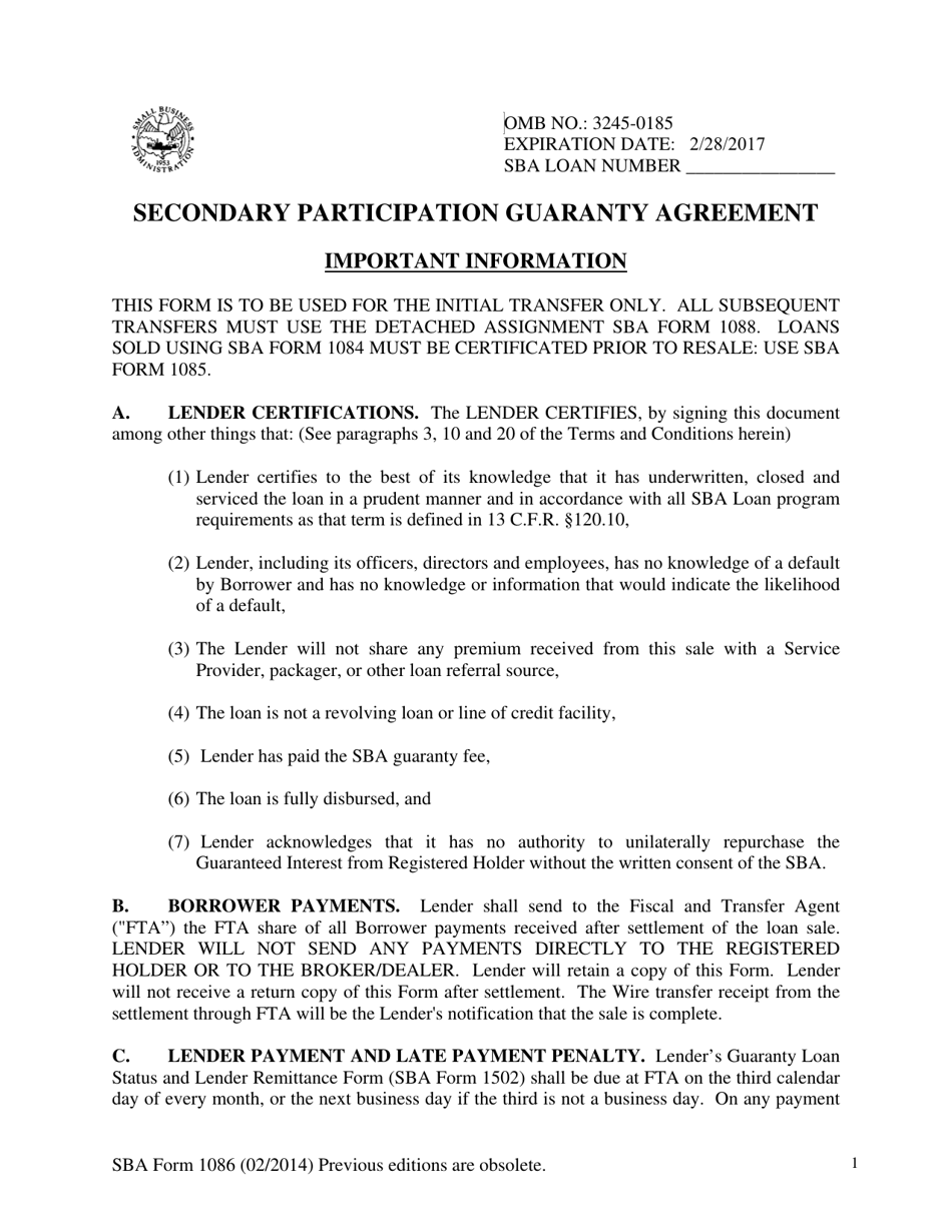 SBA Form 1086 Secondary Participation Guaranty Agreement, Page 1