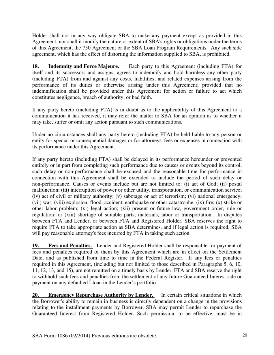 SBA Form 1086 Secondary Participation Guaranty Agreement, Page 20