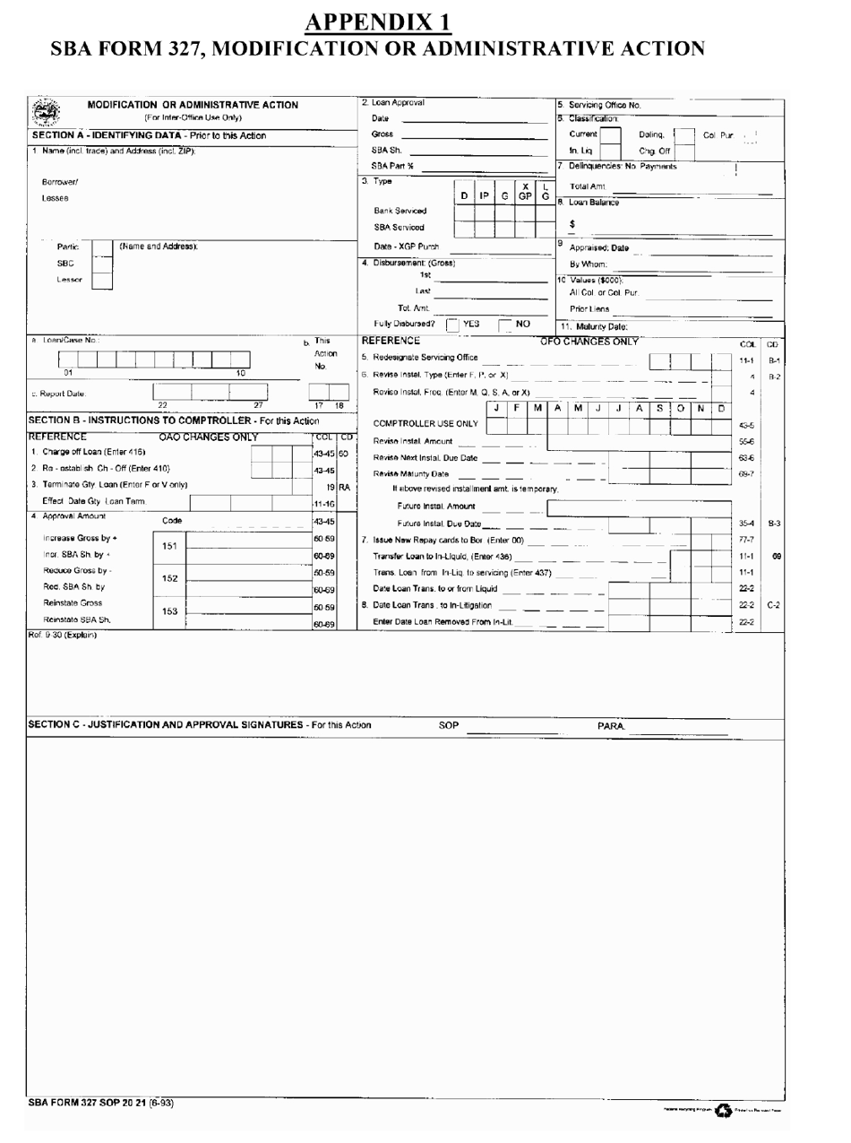 SBA Form 327 Modification or Administrative Action, Page 1