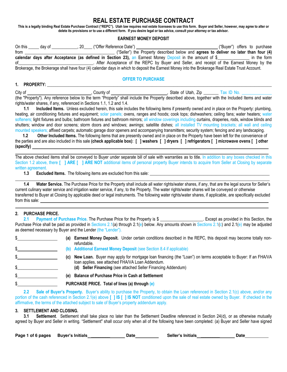Real Estate Purchase Contract - Utah, Page 1