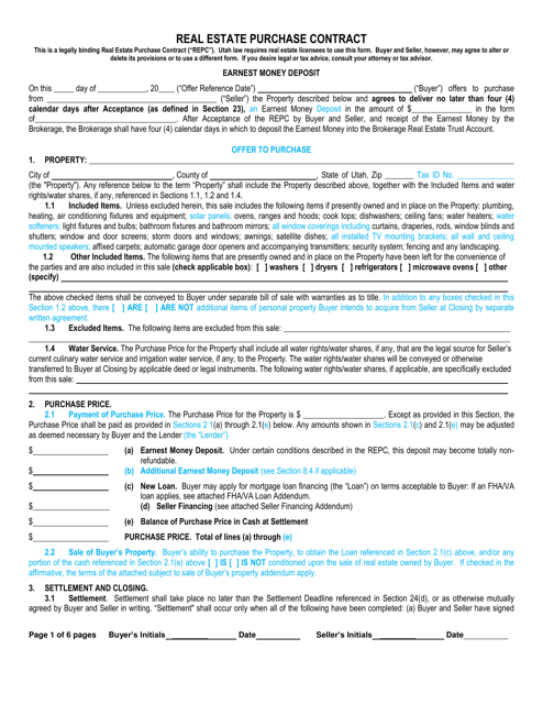 Real Estate Purchase Contract - Utah Download Pdf