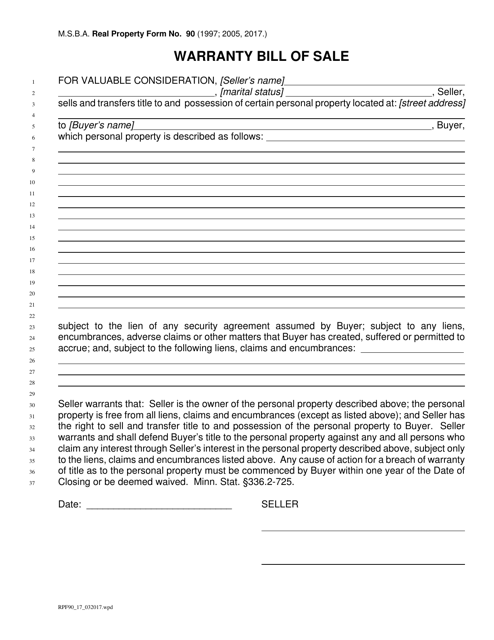 Form 90 Warranty Bill of Sale (M.s.b.a. Real Property Form No. 90) - Minnesota