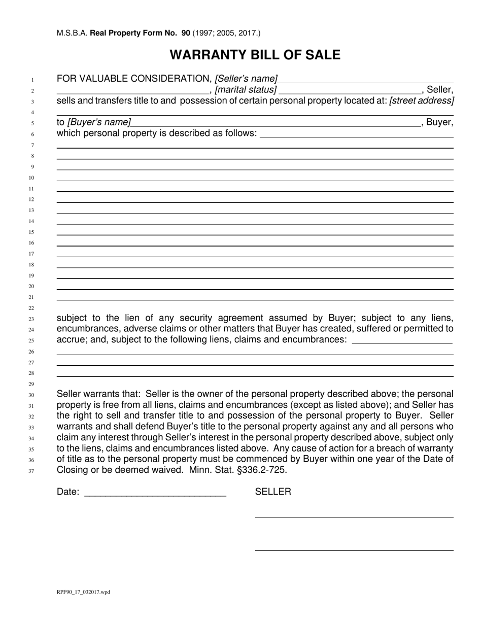 Form 90 Warranty Bill of Sale (M.s.b.a. Real Property Form No. 90) - Minnesota, Page 1