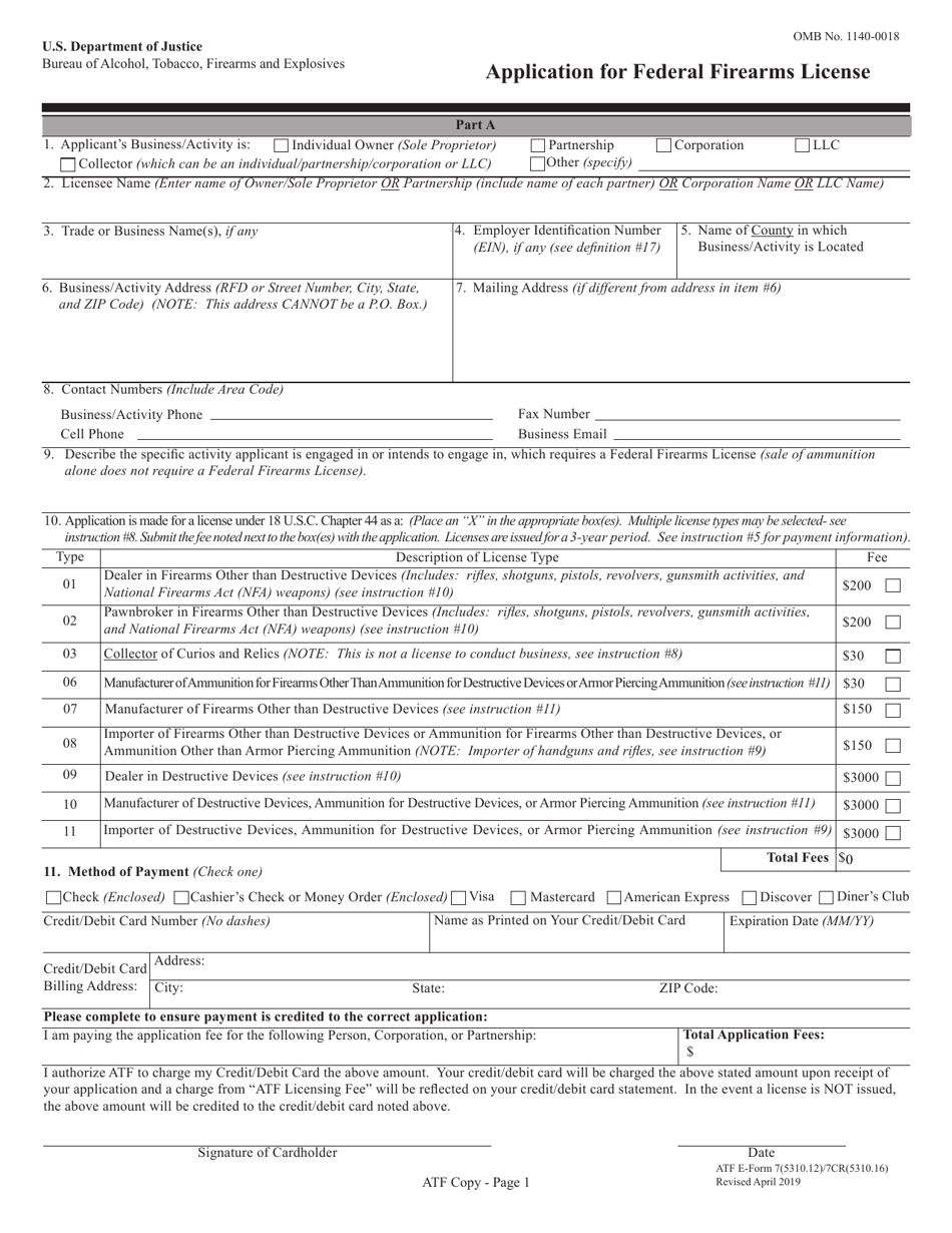 ATF Form 7 / 7CR (5310.12 / 5310.16) Application for Federal Firearms License, Page 1