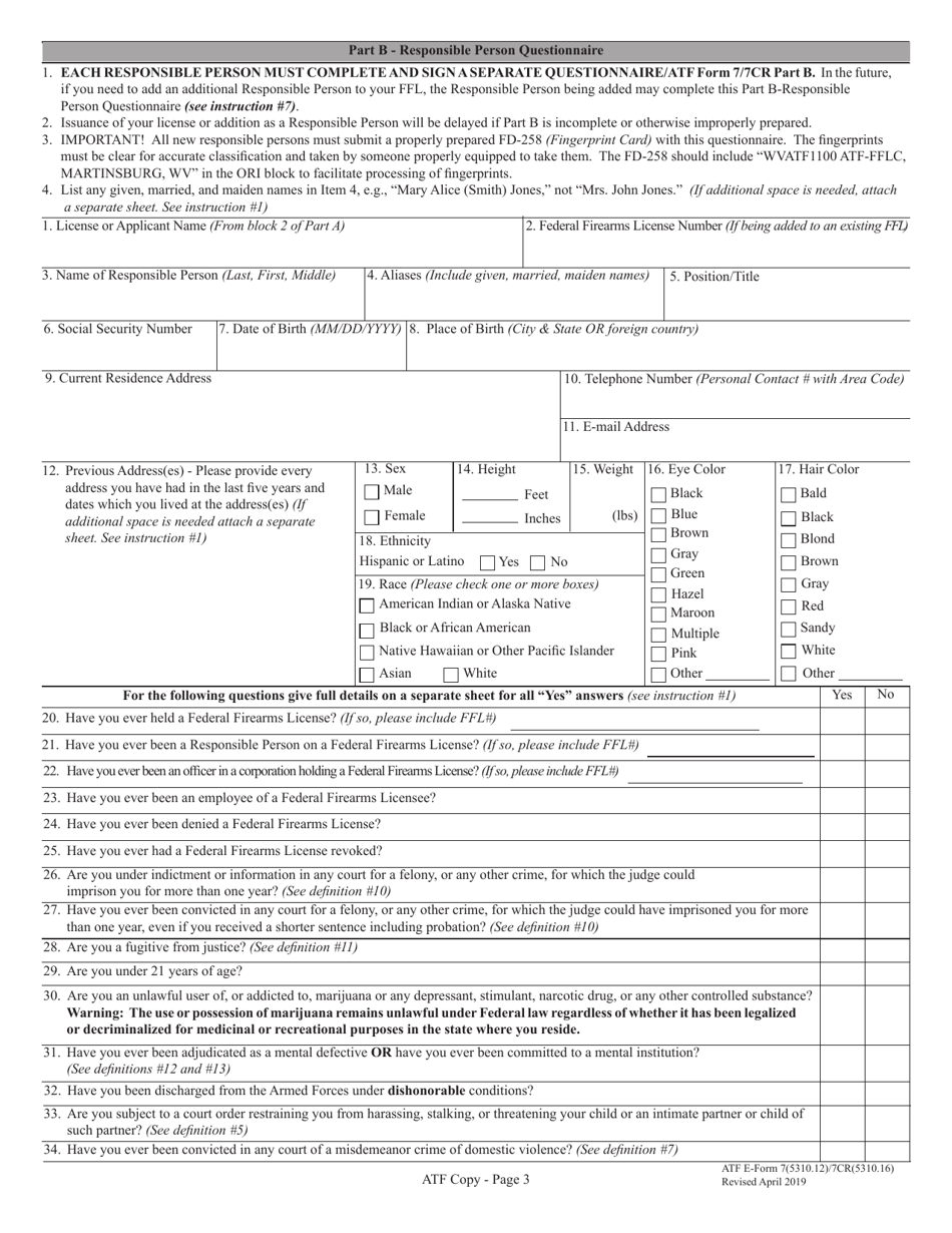 ATF Form 7 / 7CR (5310.12 / 5310.16) Application for Federal Firearms License, Page 3